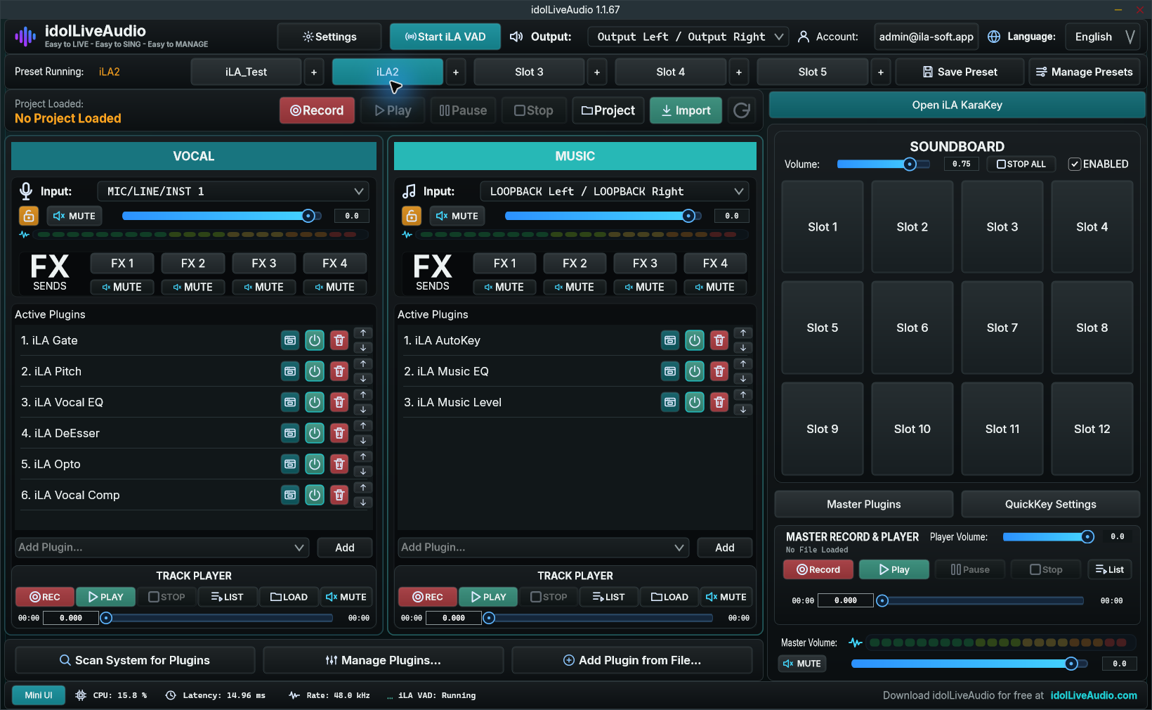 idolLiveAudio interface with vocal and music channels, plugins and a soundboard