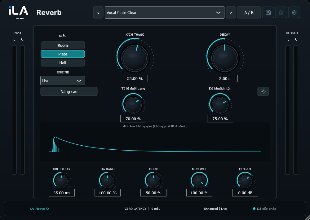 iLA Reverb plugin interface with controls for shaping vocal space