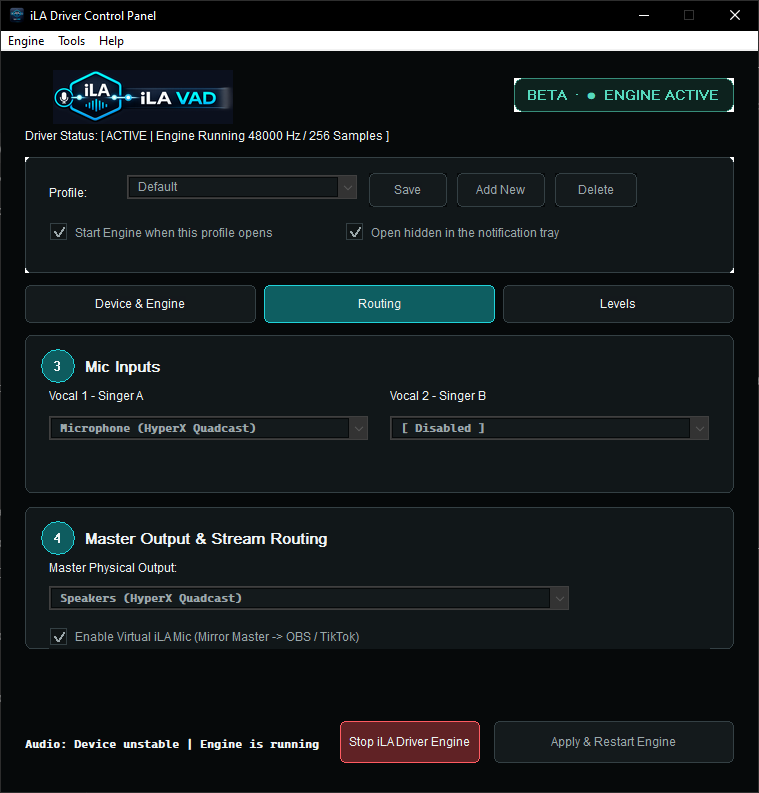 iLA VAD control panel with microphone and livestream output routing