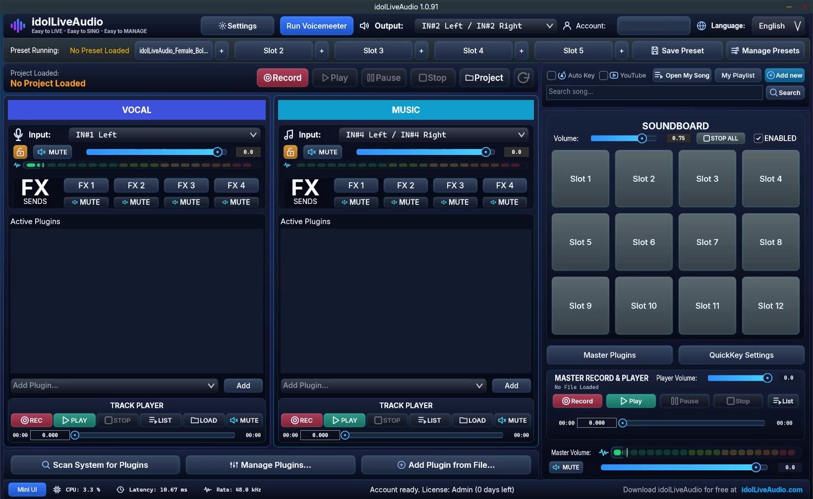 idolLiveAudio live audio workstation interface